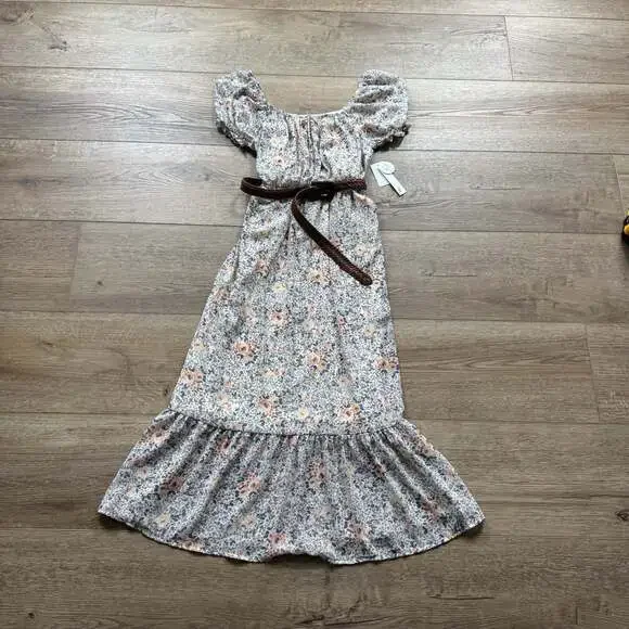 WallFlower Floral Chiffon Maxi Dress Puff Sleeve Belted Juniors Medium - Picture 2 of 9